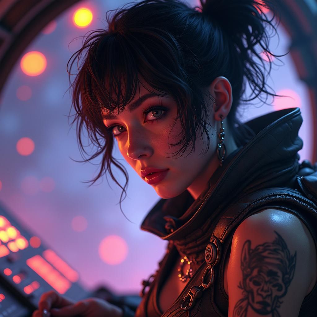 beautiful female space pilot looking over controls out into ...