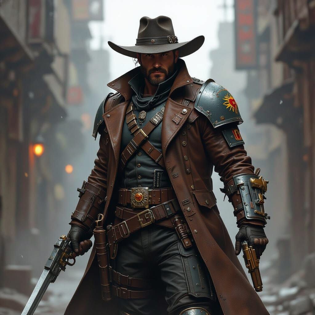 Grizzled Rogue Trader Captain in Grimdark Sci-Fi Style