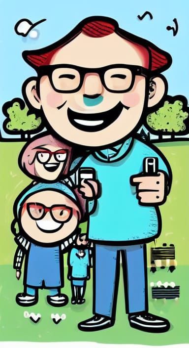 Cartoon Family Selfie in Modern Cityscape