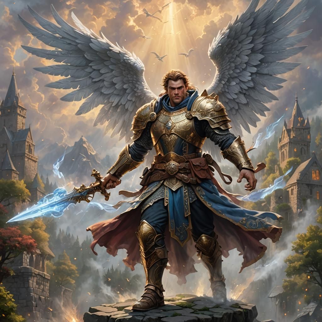 Winged Aasimar Battle Master in Ethereal Fantasy Style