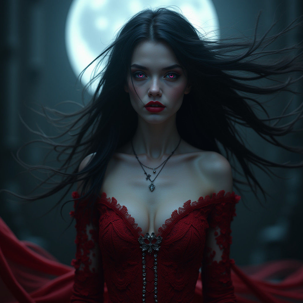 Cinematic Vampire in Crimson Gown