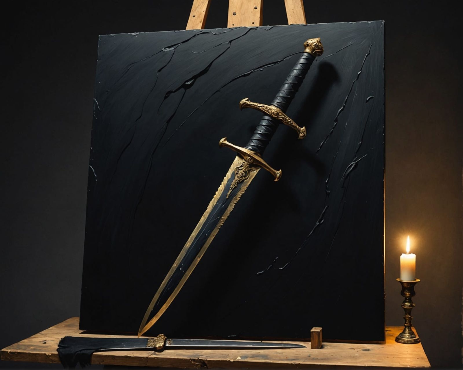 Obsidian Sword Painting with Golden Highlights