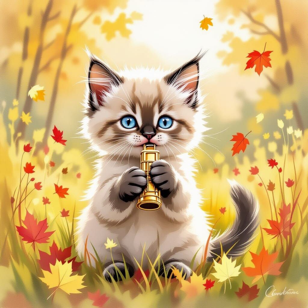 Siamese Kitten Plays Harmonica in Autumn Meadow