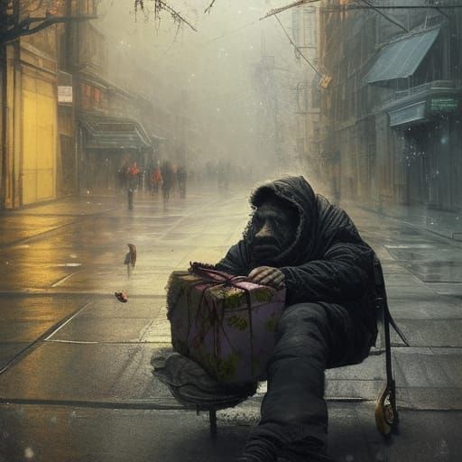 Christmas Gift for Homeless Man: Detailed Digital Art
