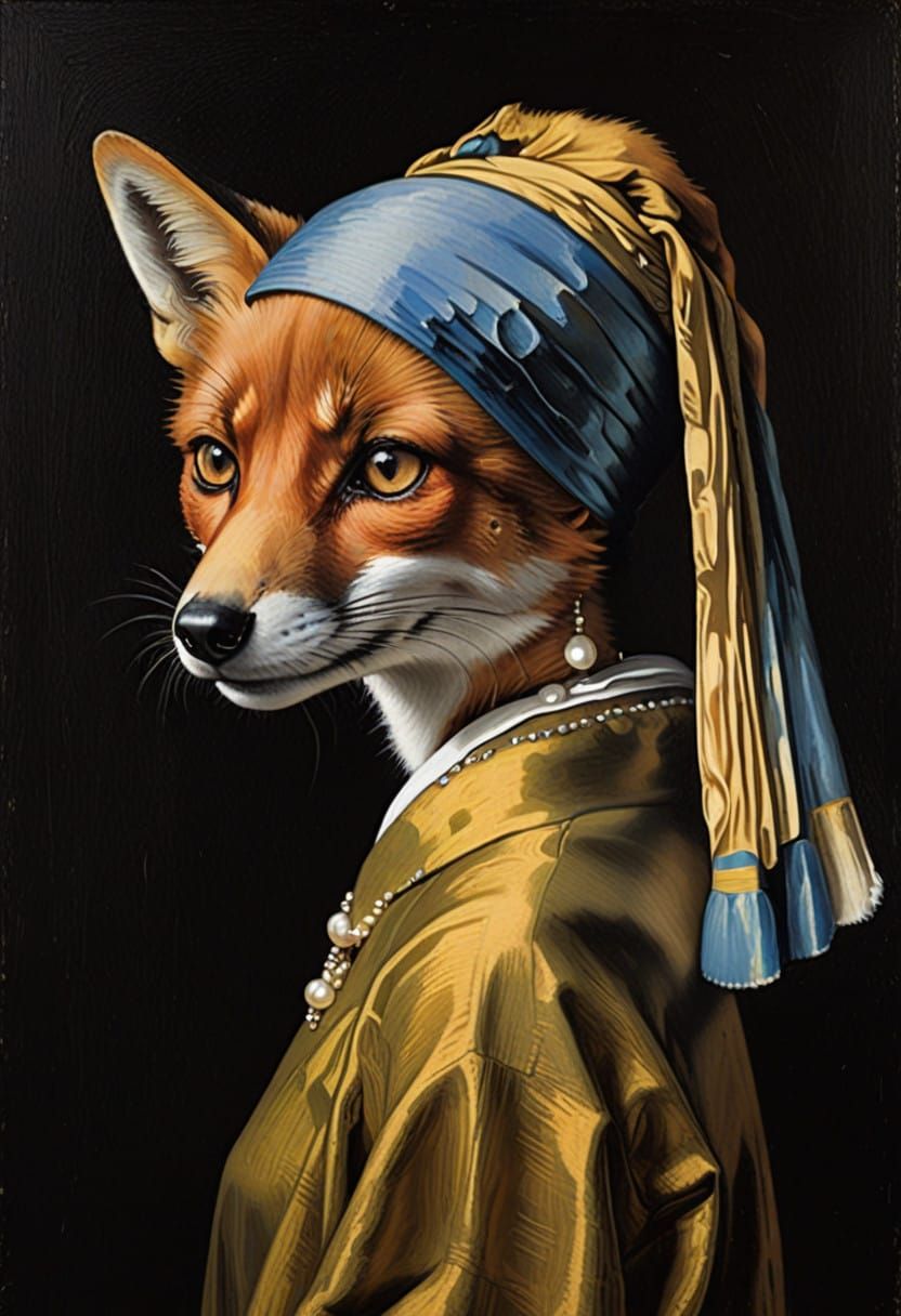 Anthropomorphic Fox Girl with Pearl Earring in Vermeer Style