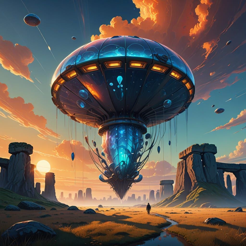 Ethereal Spaceship Hovers Above Ancient Stonehenge