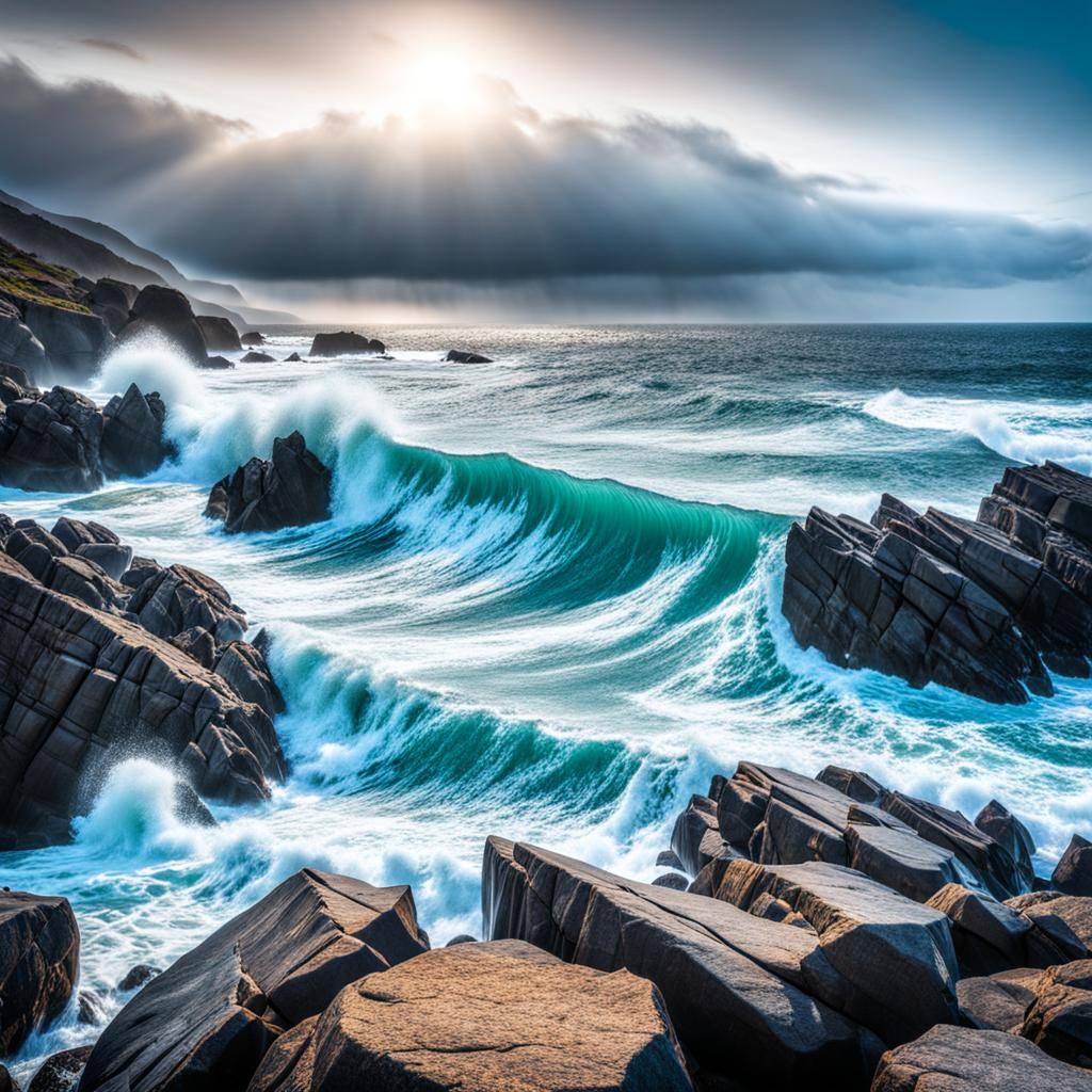 Double Exposure of rocky coast with large ocean waves, intri...