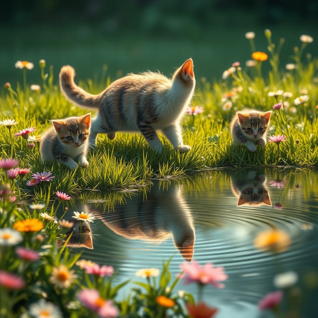 Cats and Kittens Reflected in Lake: Dreamlike Illustration