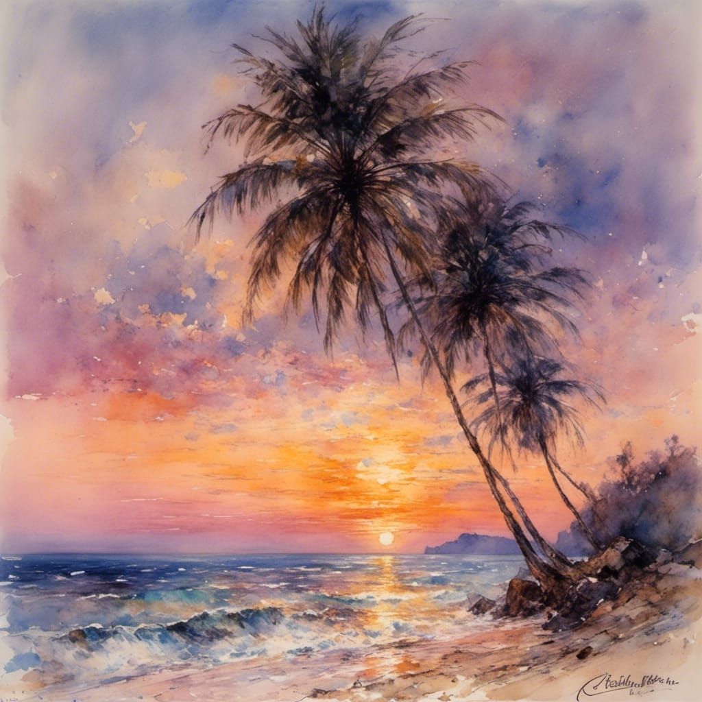 Secluded Beach Sunset in Impressionistic Style