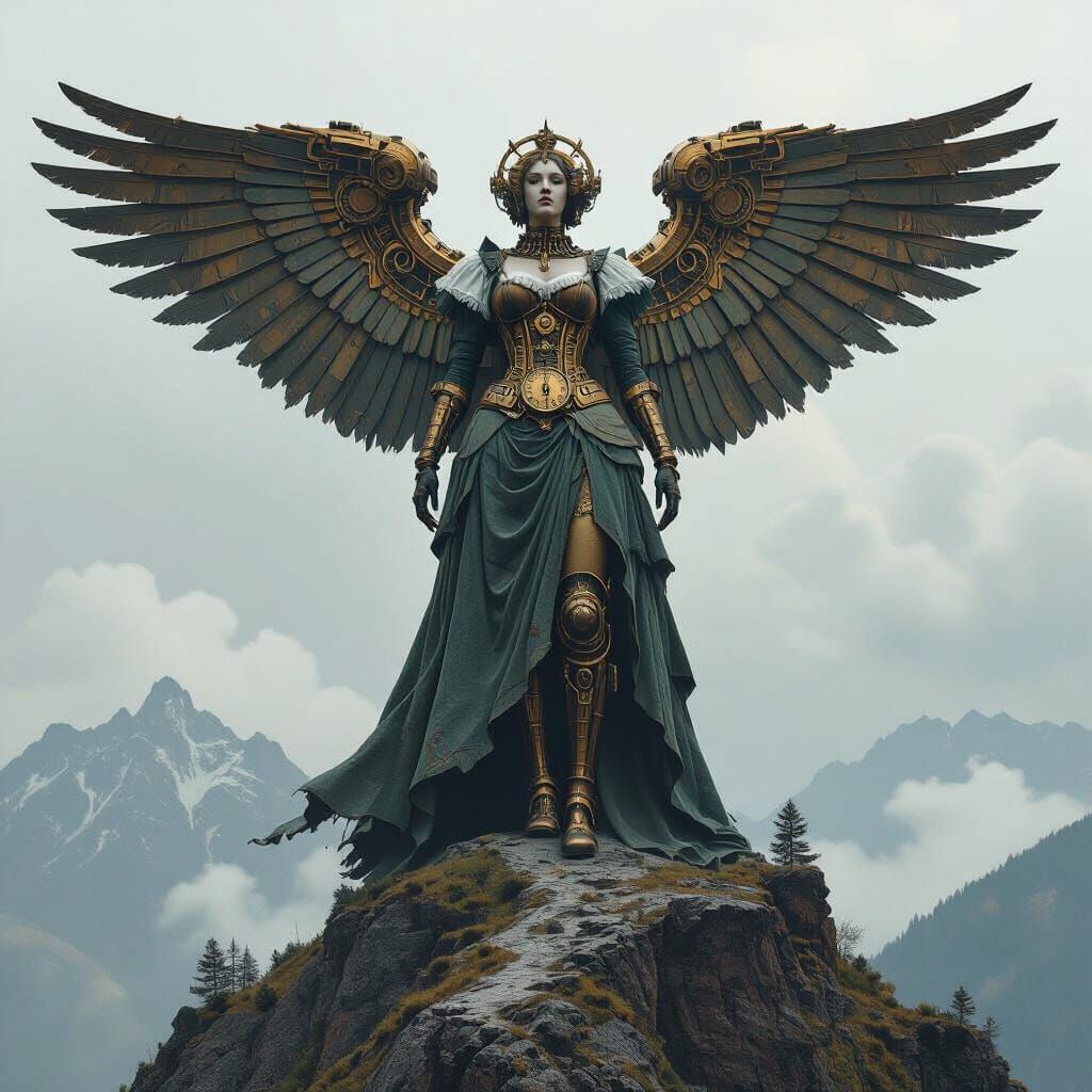 Steampunk Goddess Statue with Clockwork Wings