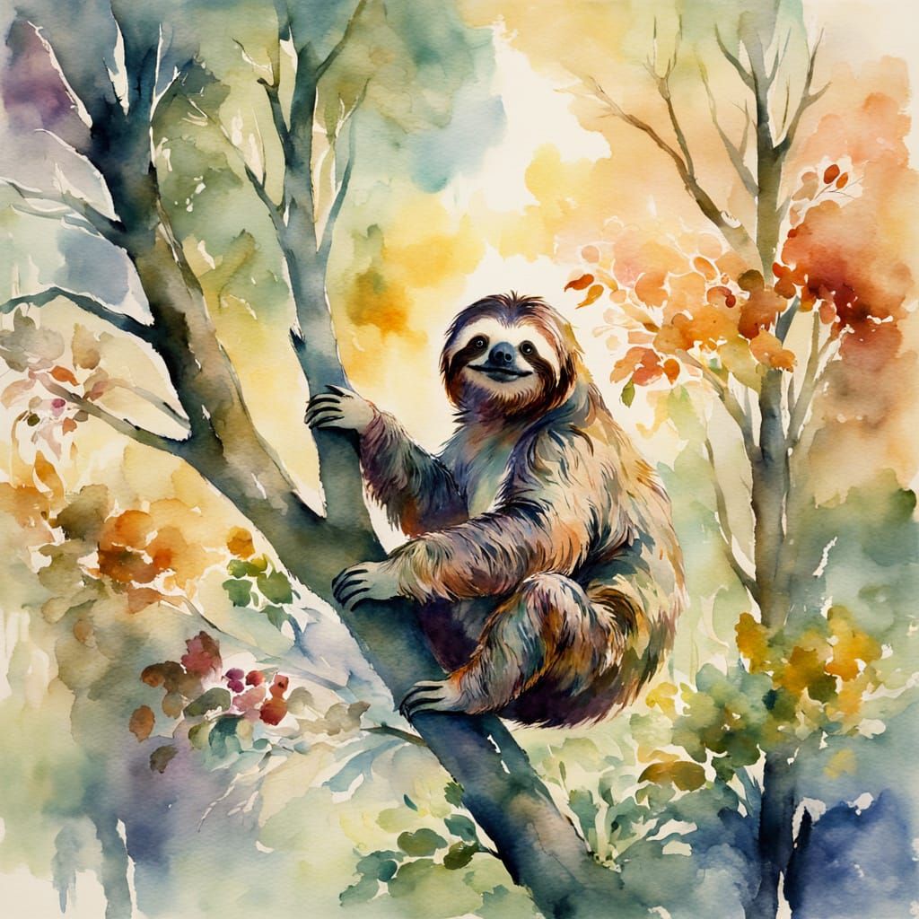 Sloth in Tree: Impressionist Watercolor Painting