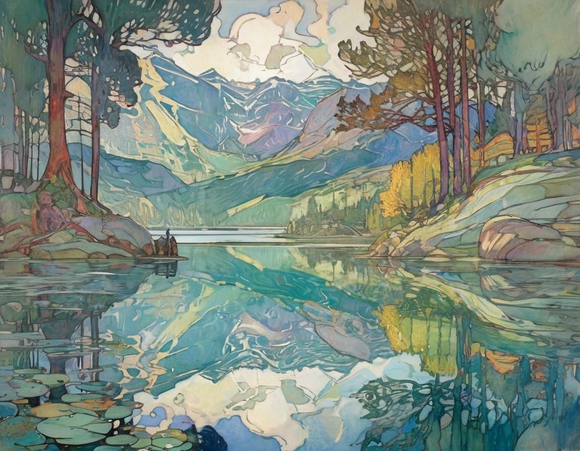 Colorful Lake Landscape in Modernist Style