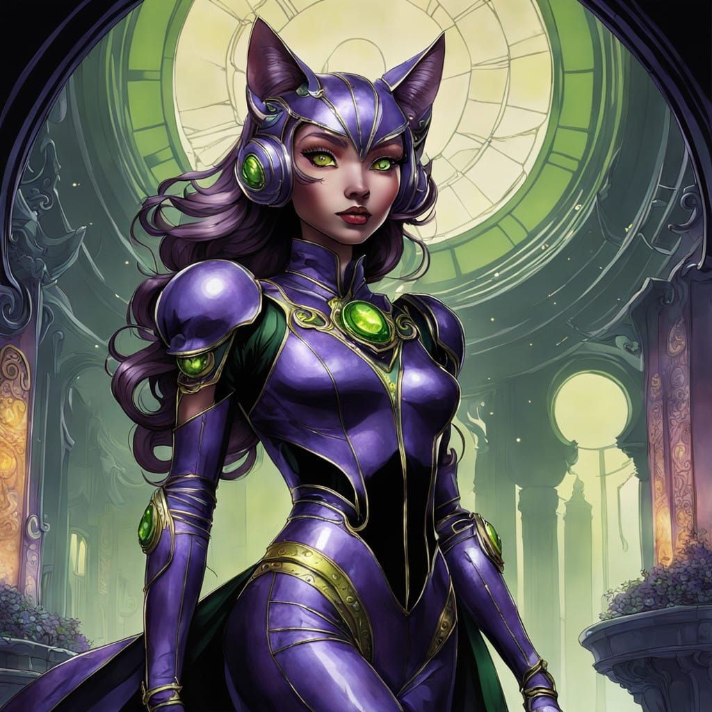 Whimsical Catgirl in Art Nouveau Style