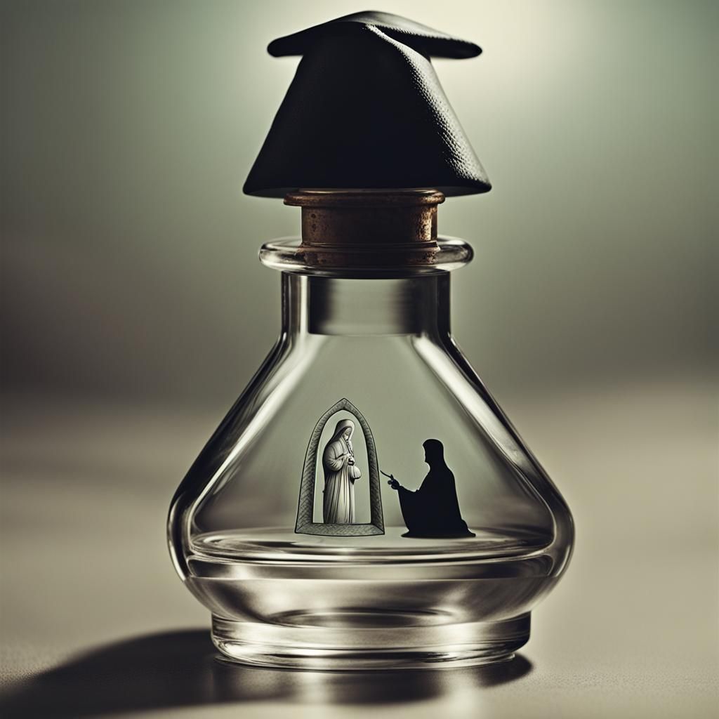 A vial of liquid with a reflection showing an ancient hooded...