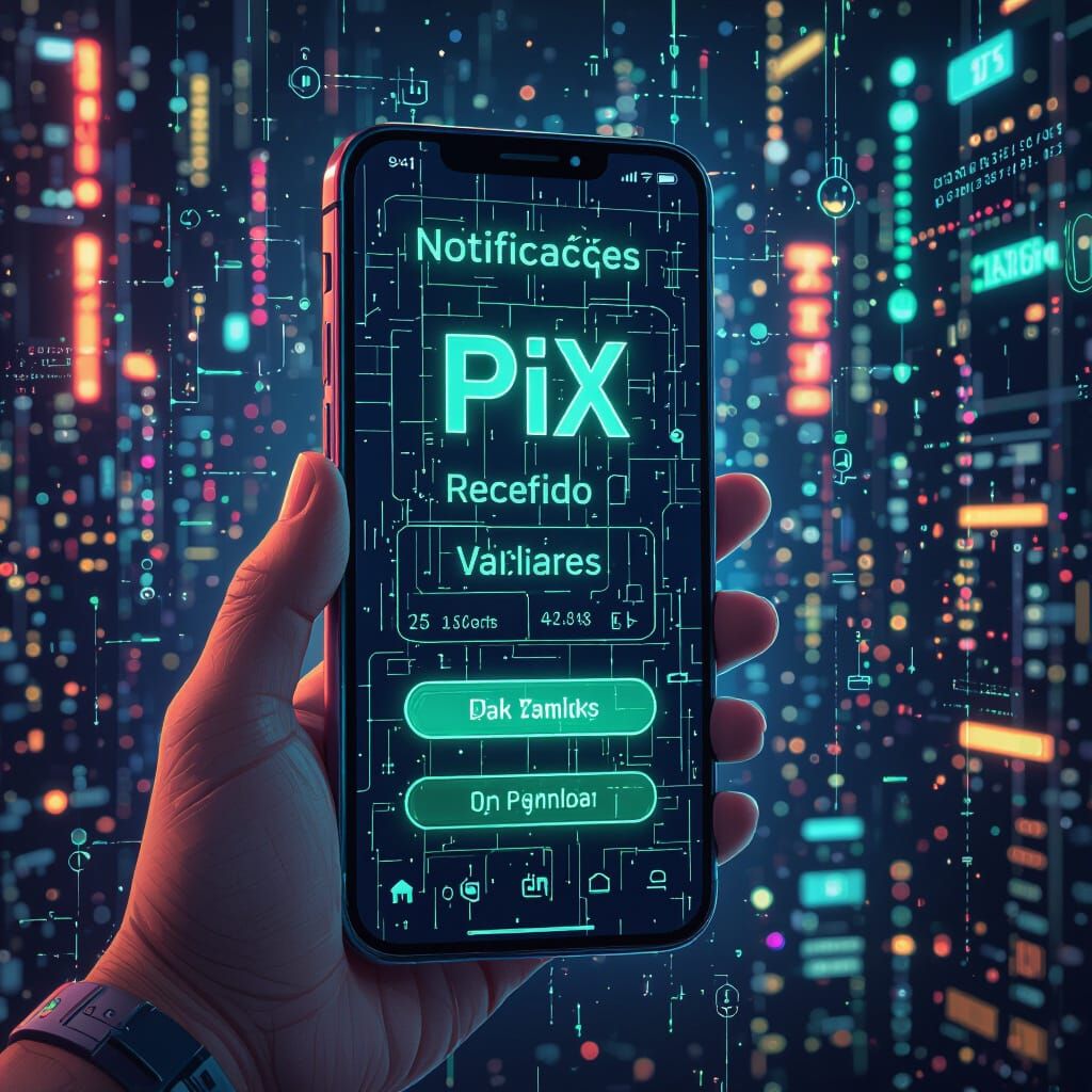 Phone Displaying PIX Notifications in Neon Cyberpunk Style