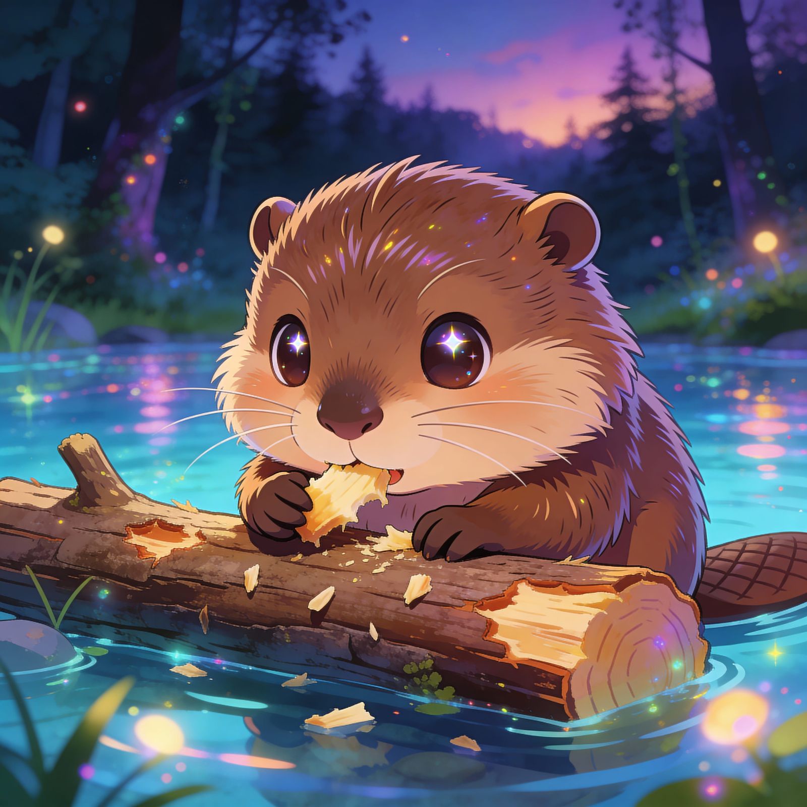 Cute Chibi Beaver Gnawing Log by Magical Lake