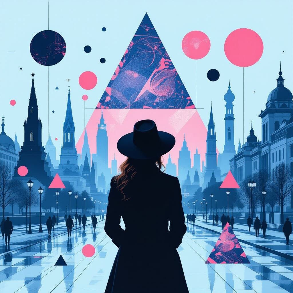 Abstract Woman in Cityscape with Geometric Shapes