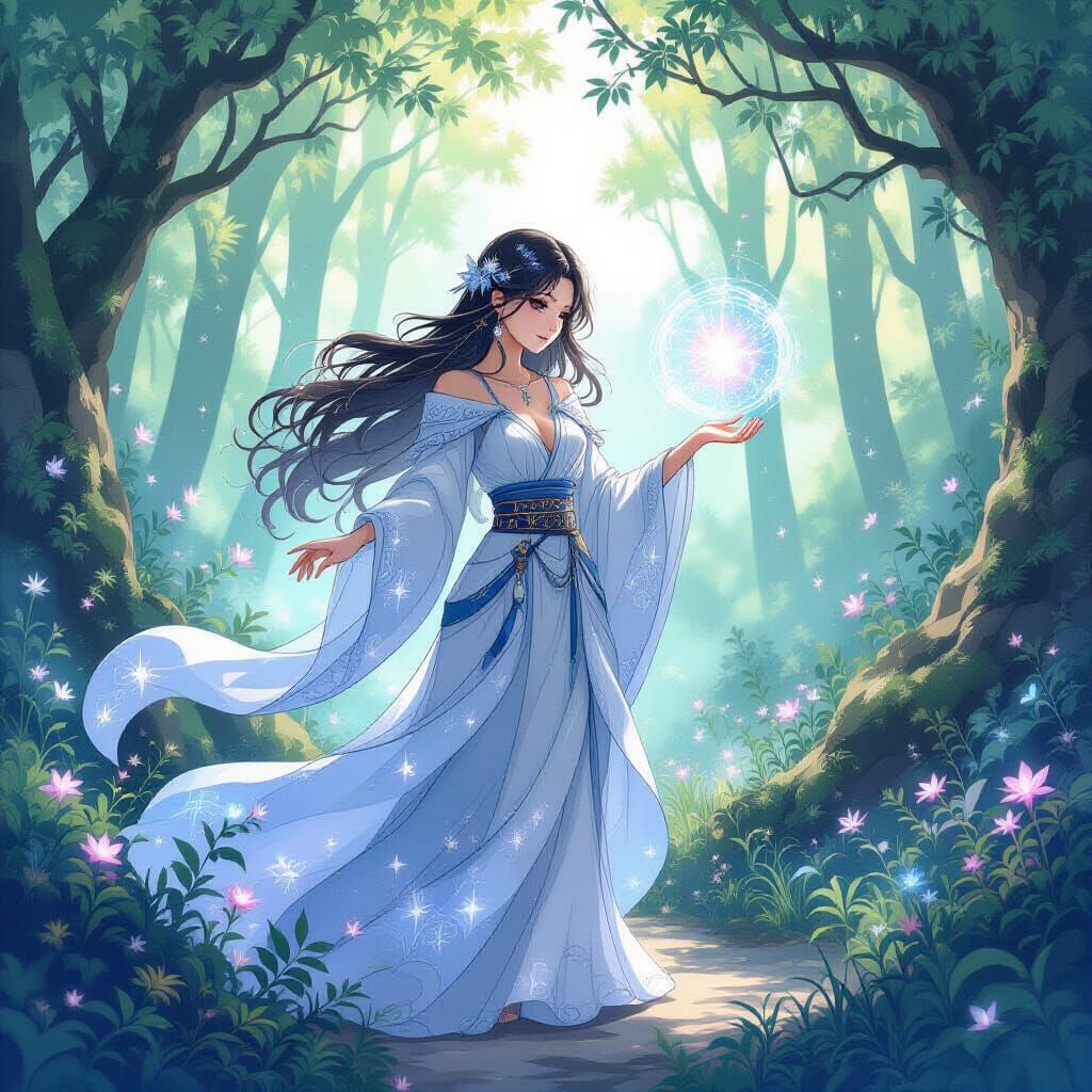 Ethereal Mage Conjuring Spell in Ancient Forest