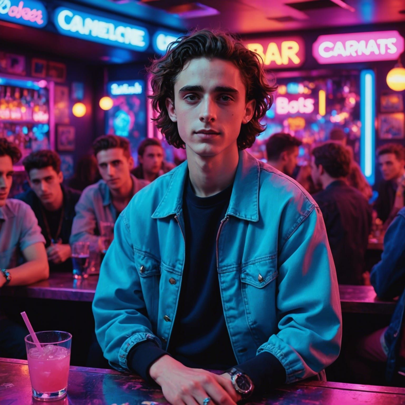 Timothée Chalamet in a Neon 90s Style Bar