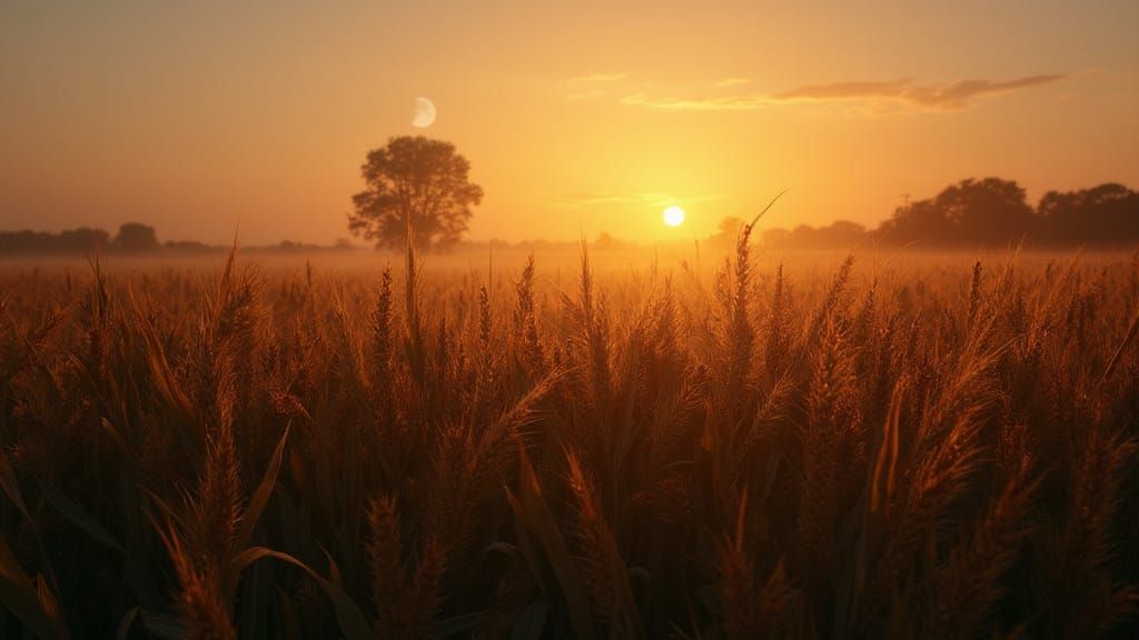 Cornfield at Dawn with Sun and Moon