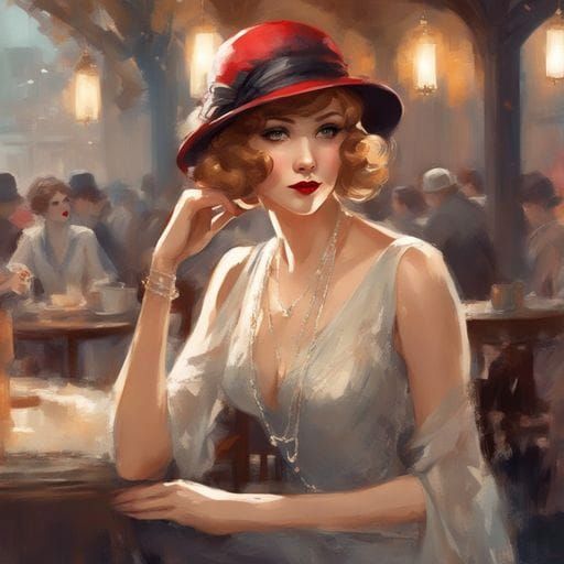 Glamorous Flapper Girl in Cafe, Art Deco Style