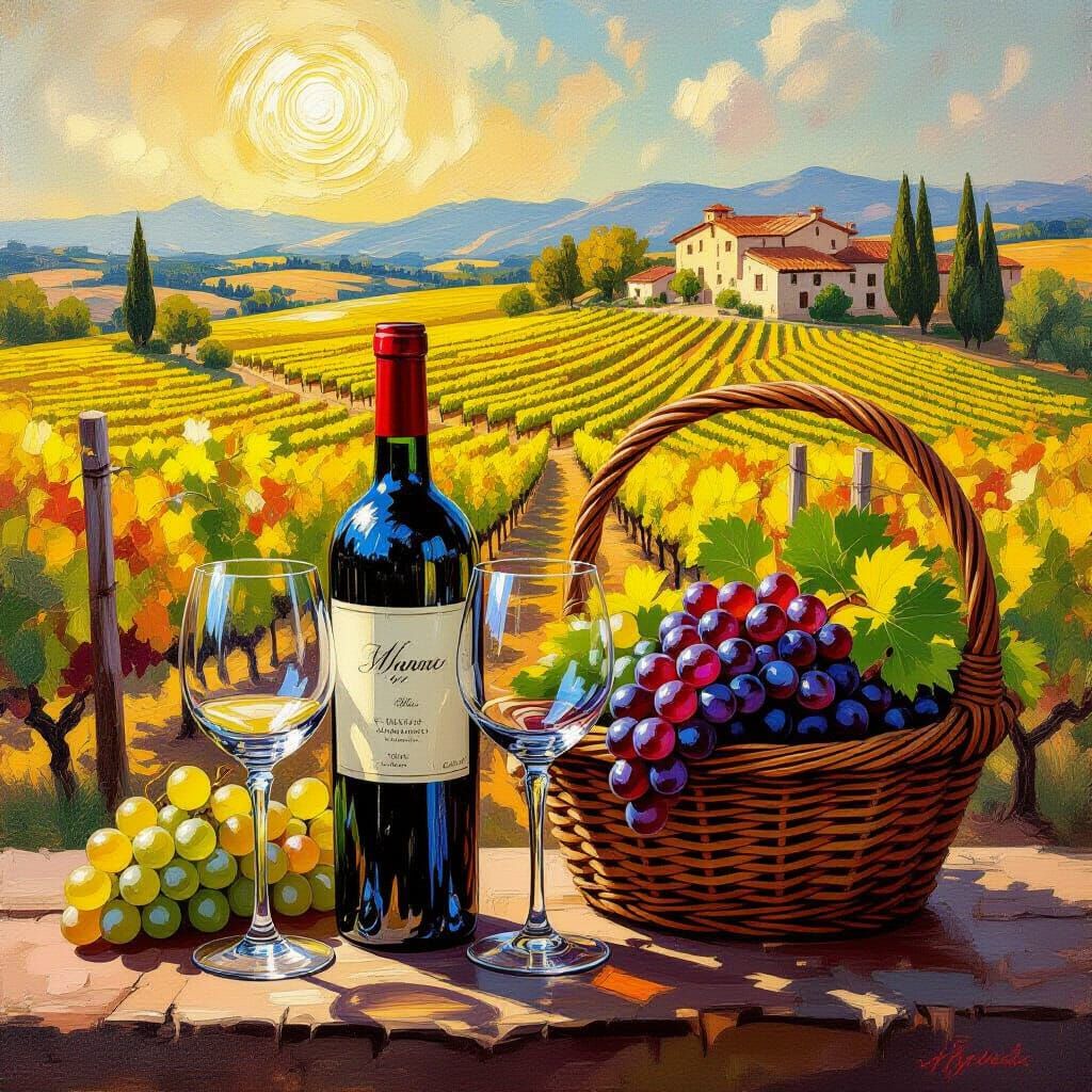 Wine Still Life with Vineyard Mural in Golden Hour Light