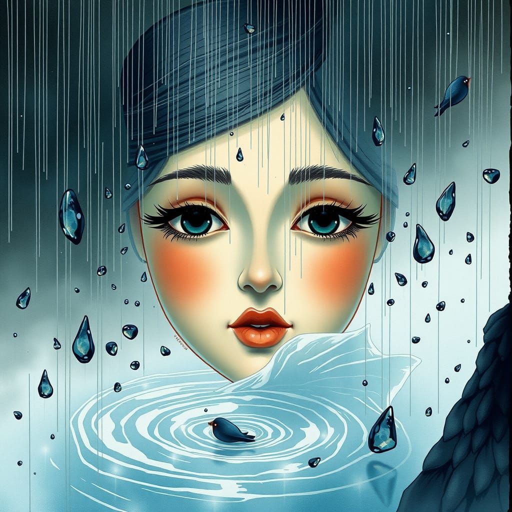 Raindrop Face in Storm, Watercolor Style