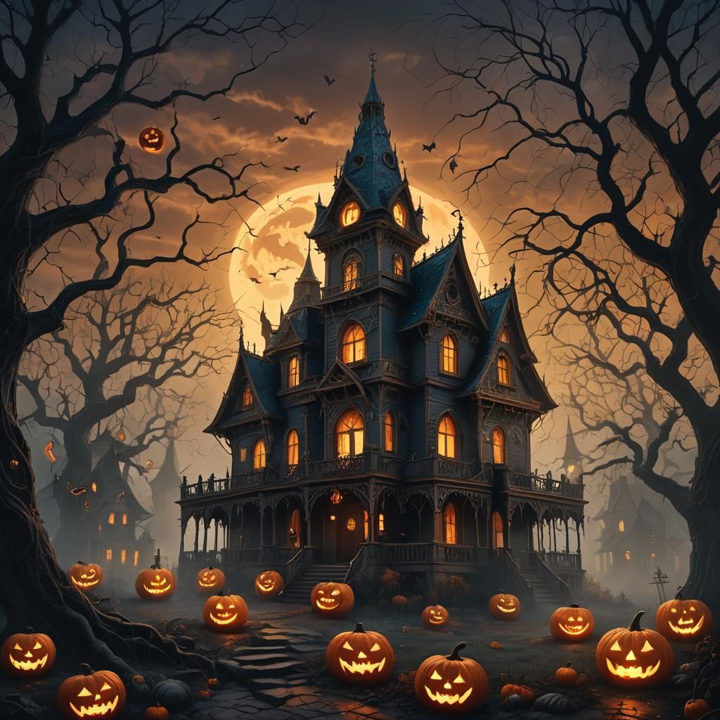 Fantasy Haunted House with Jack-o-Lanterns at Dusk