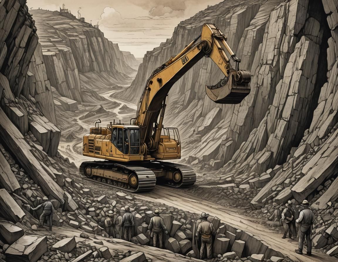 Excavator in Open Cast Mine, Tenniel-Style Illustration