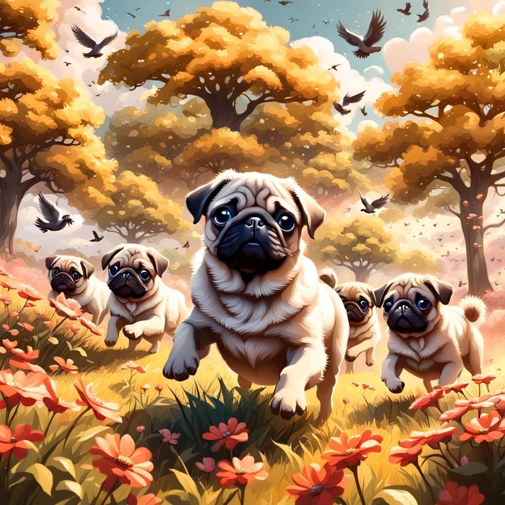 Pug Puppies Play in Flower Field: Fantasy Concept Art
