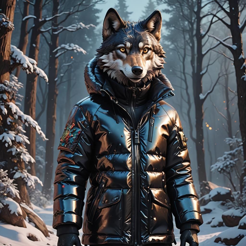Anthro Wolf in Shiny Black Puffer Jacket