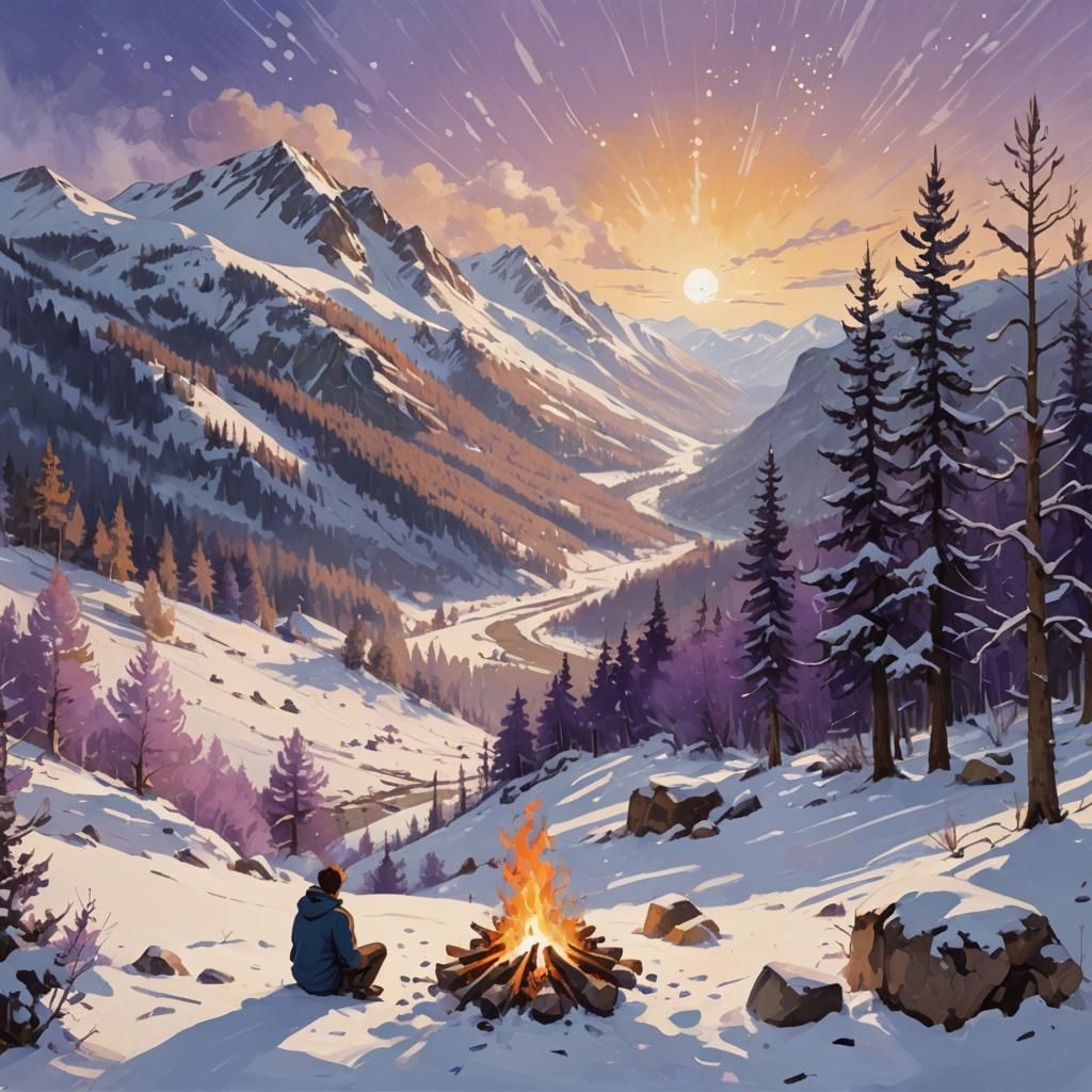 Snowy Mountain Valley Campfire: Impressionist Landscape