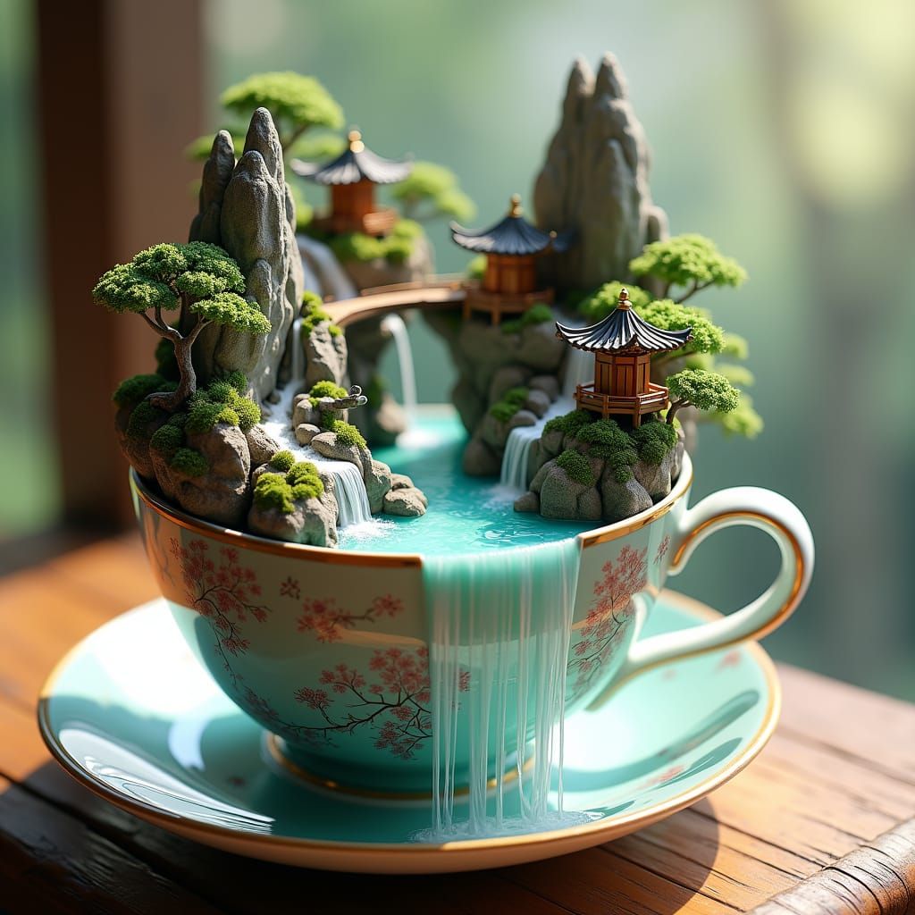 Surreal Porcelain Teacup Landscape in Photorealistic Painter...