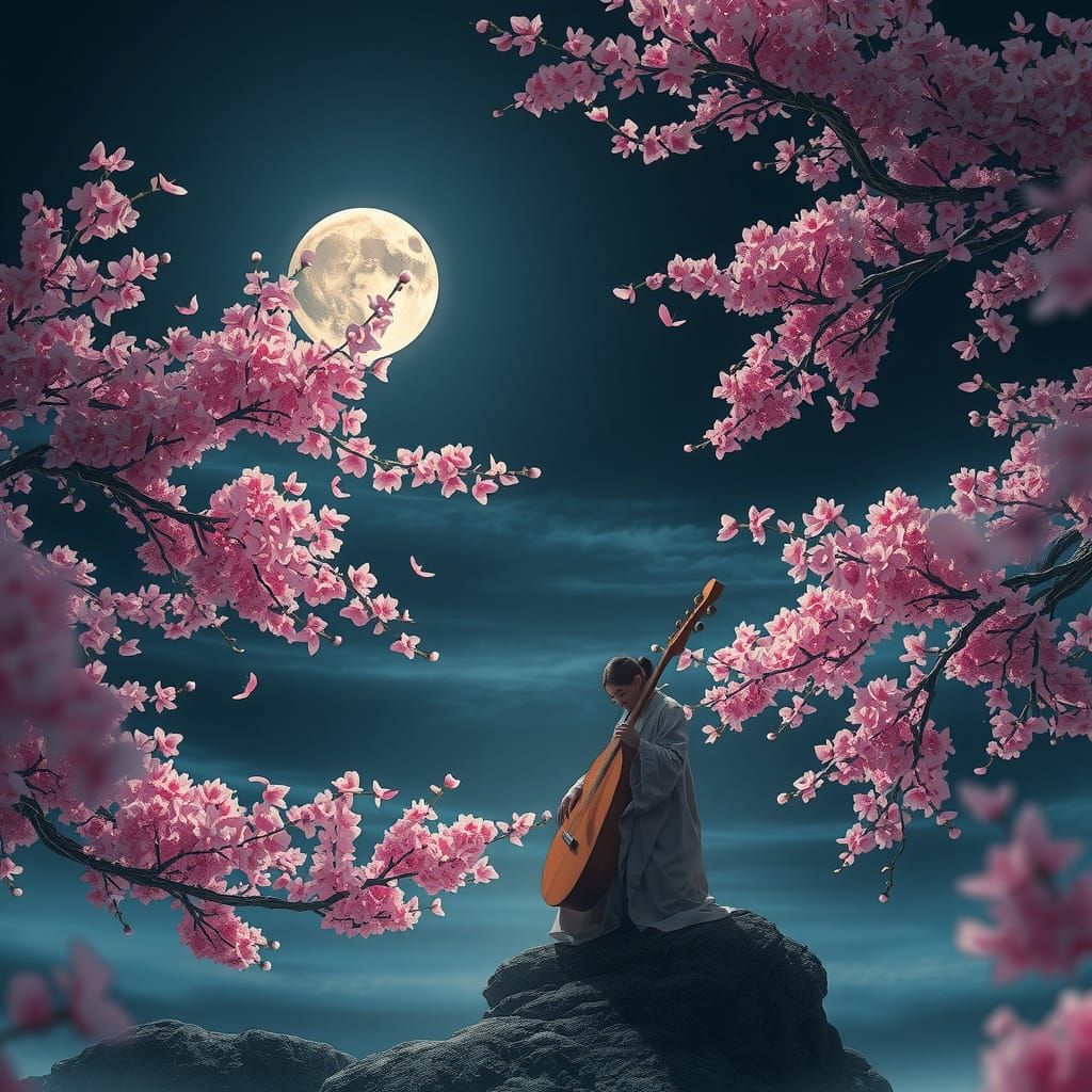 Moonlit Koto Player Amid Cherry Blossoms