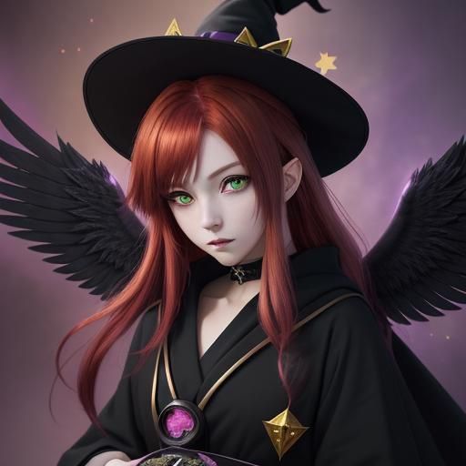 Kawaii Anime Cat-Witch with Four Wings