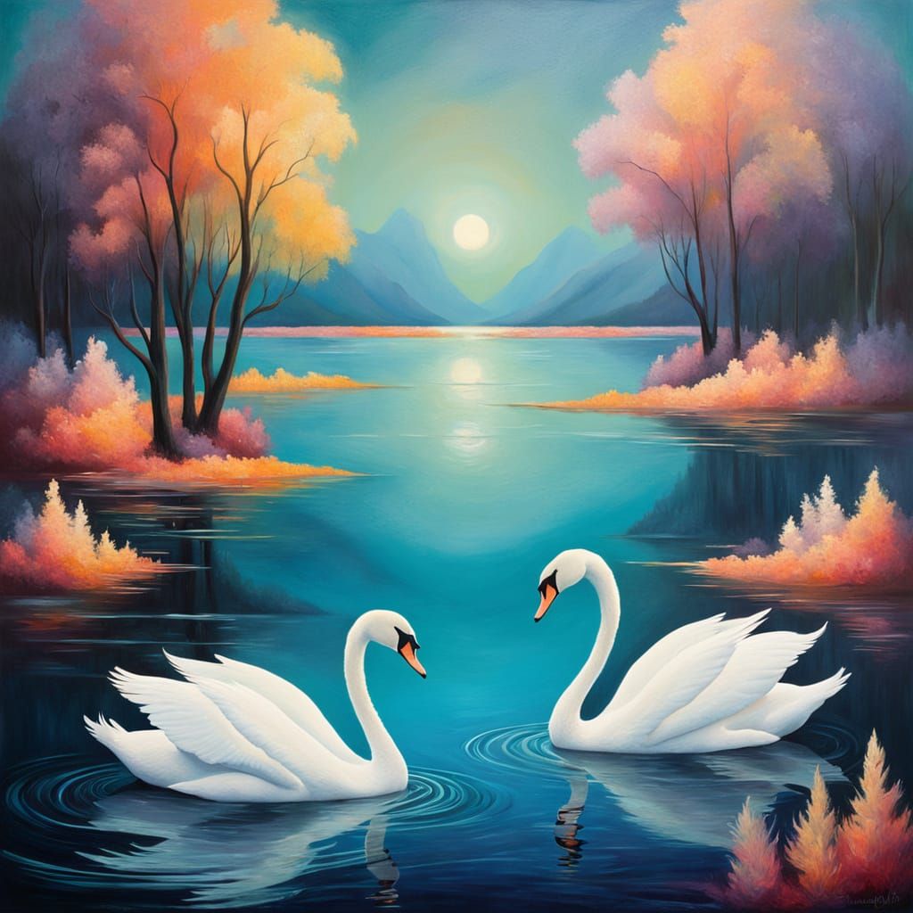 Elegant Swans on Dreamlike Lake in Minimalist Oil Style