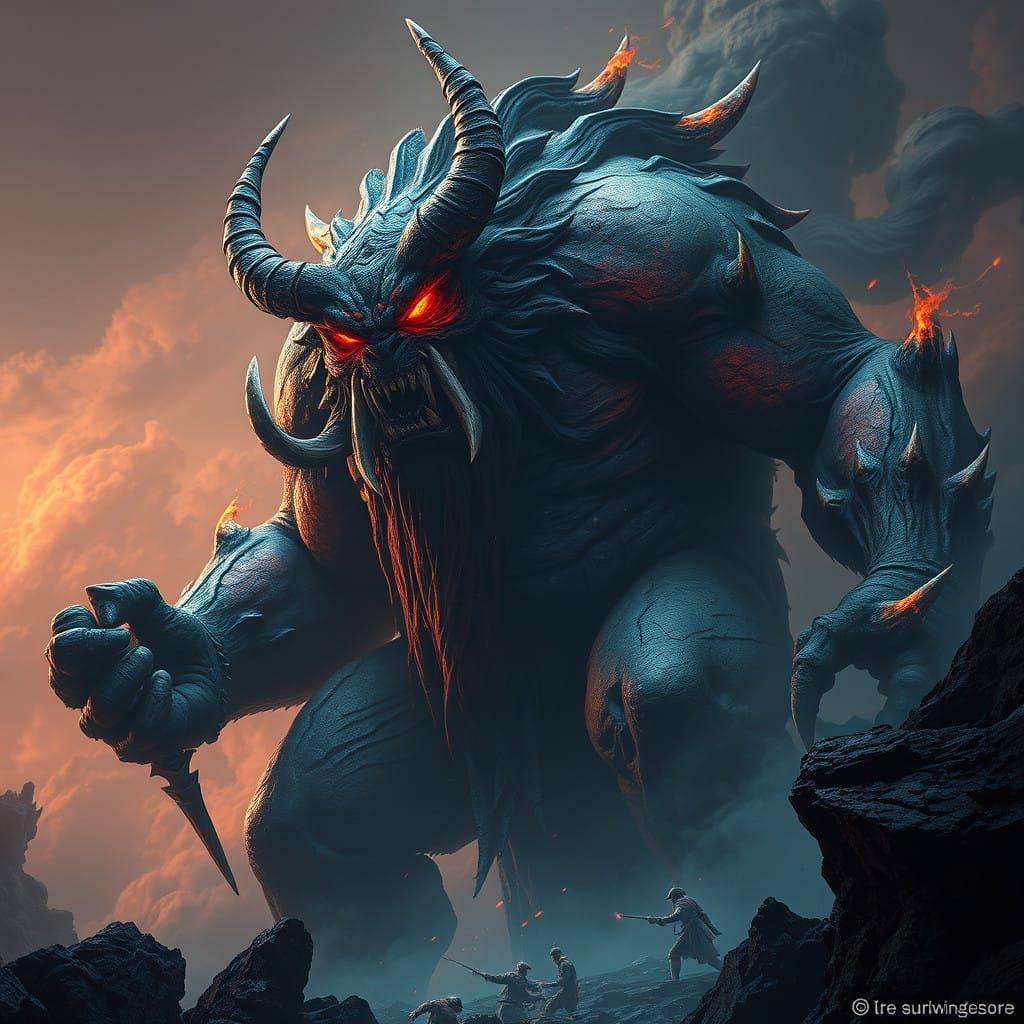 Majestic Crimson Oni Emerges from Shadowy Realms in Cyberpun...