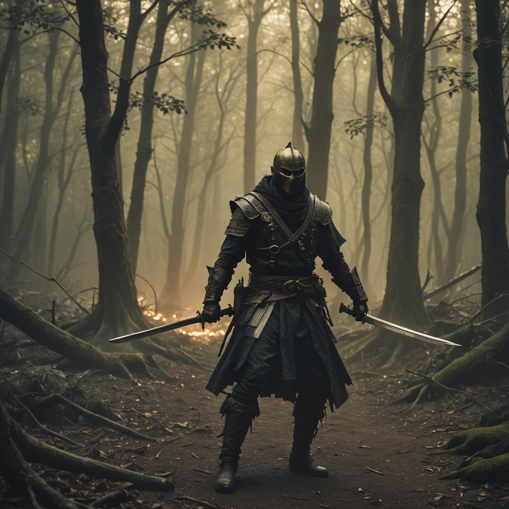 Shadow Warrior in Dark Medieval Forest
