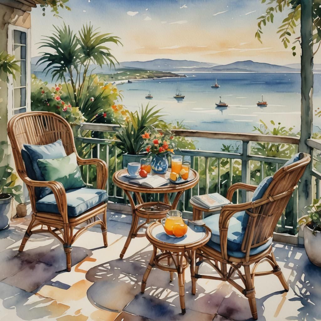 Impressionistic Terrace with Sea View and Rattan Furniture