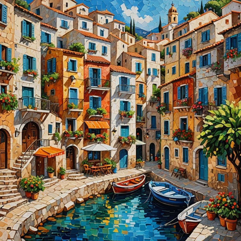Mediterranean Town Impasto Painting