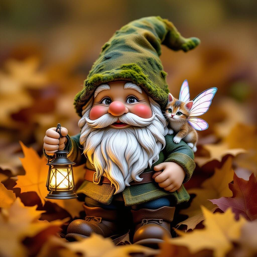 Gnome with Cat Fairy Amidst Autumn Leaves, Warm Glow