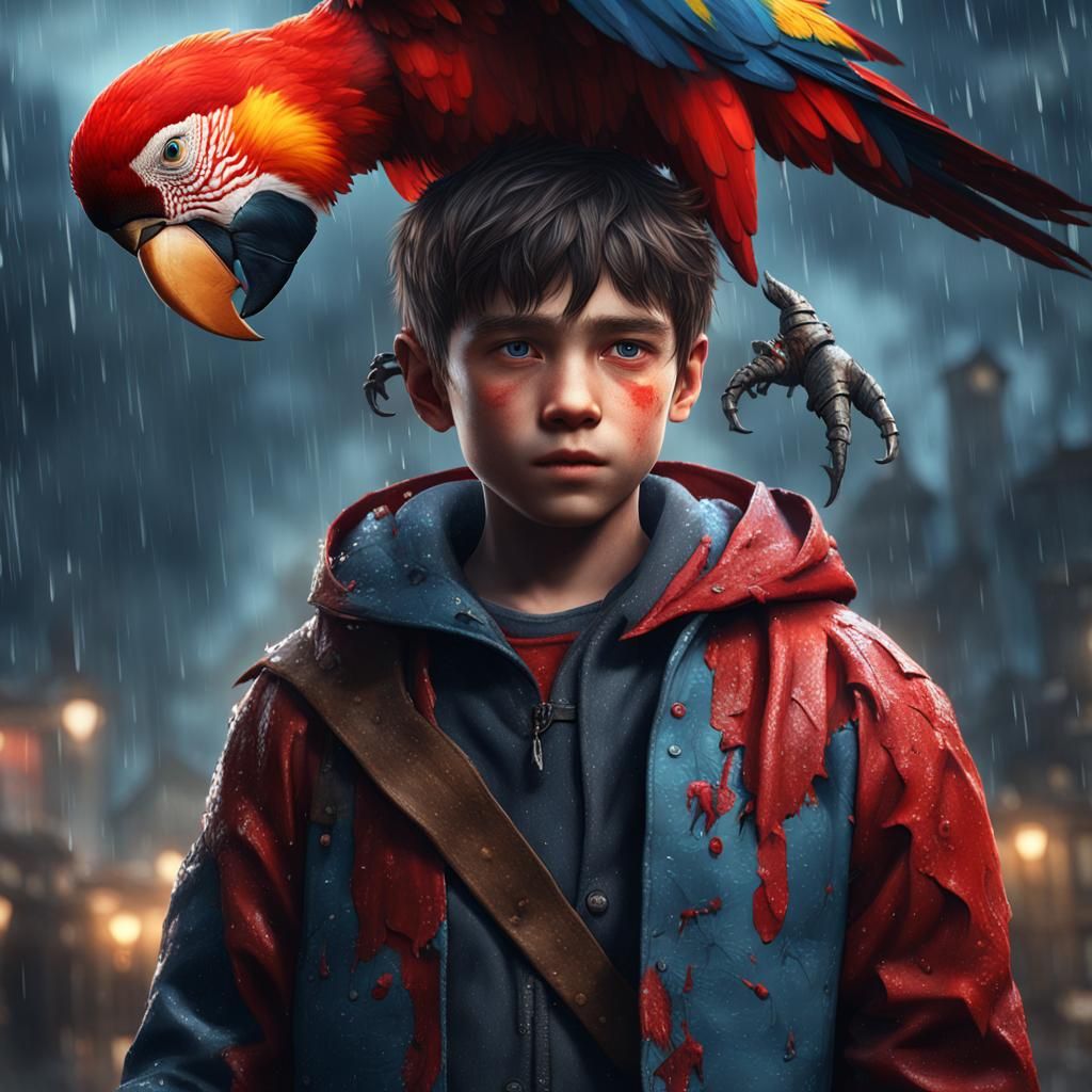 Boy with Parrot in Rainy Matte Painting