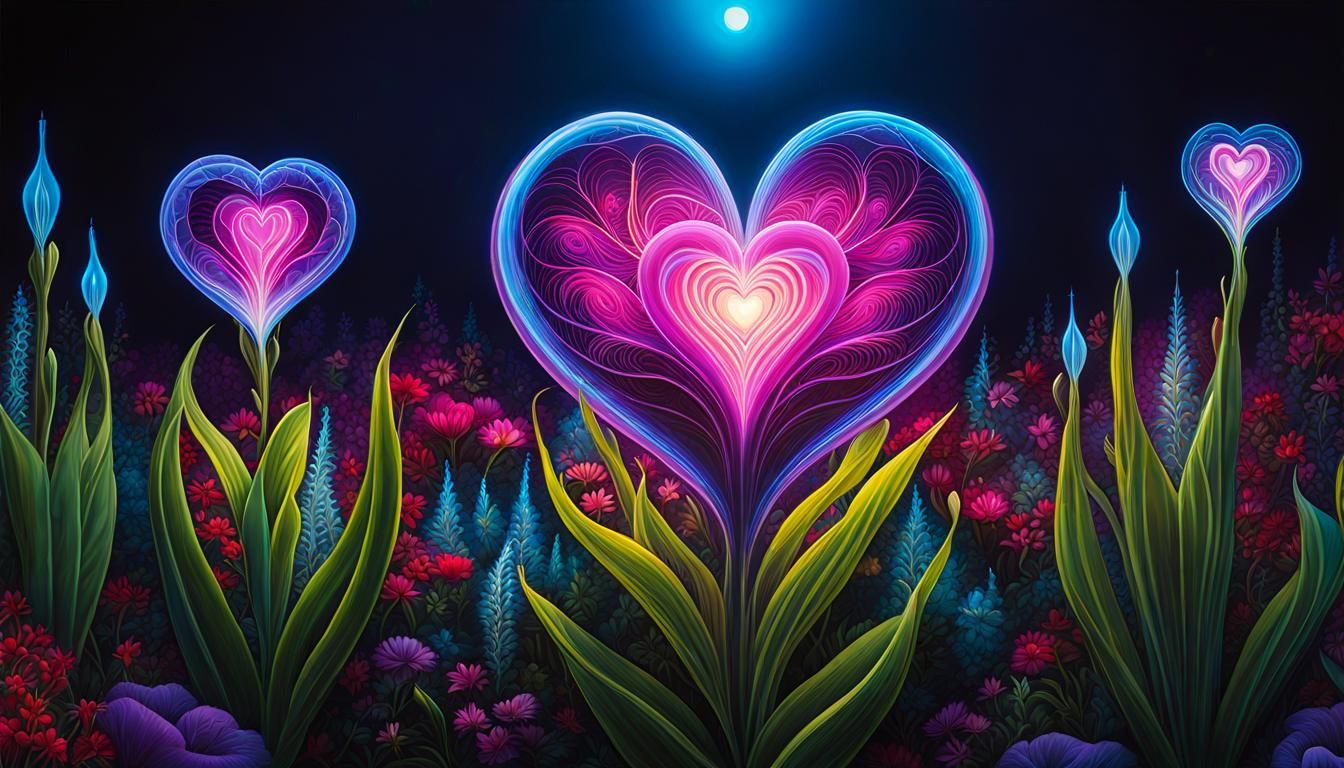 Bioluminescent Heart Flowers in Psychedelic Forest