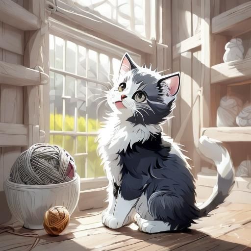 Cute Kitten Looking Up: Whimsical Digital Painting