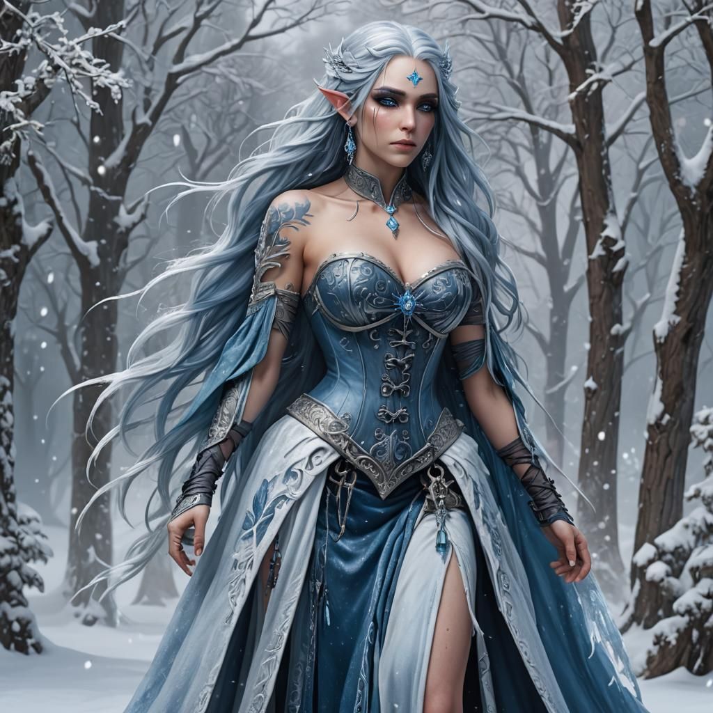 Winter Eladrin Bard with Icicles and Tattoos