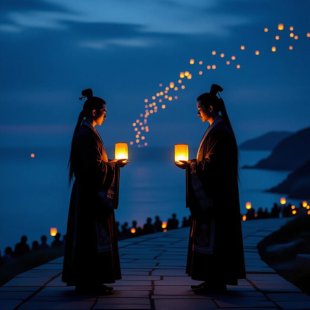 Man with Lantern Overlooking Dark Ocean at Night