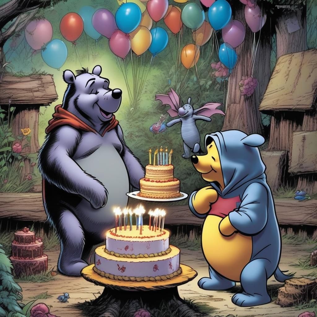 Winnie the Pooh with a birthday cake for Eeyore, iced to say...