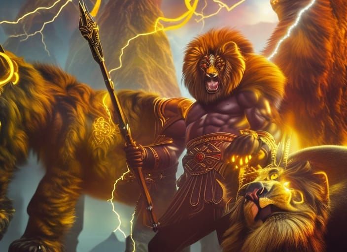 Golden Lightning Lion God in Ancient Forest