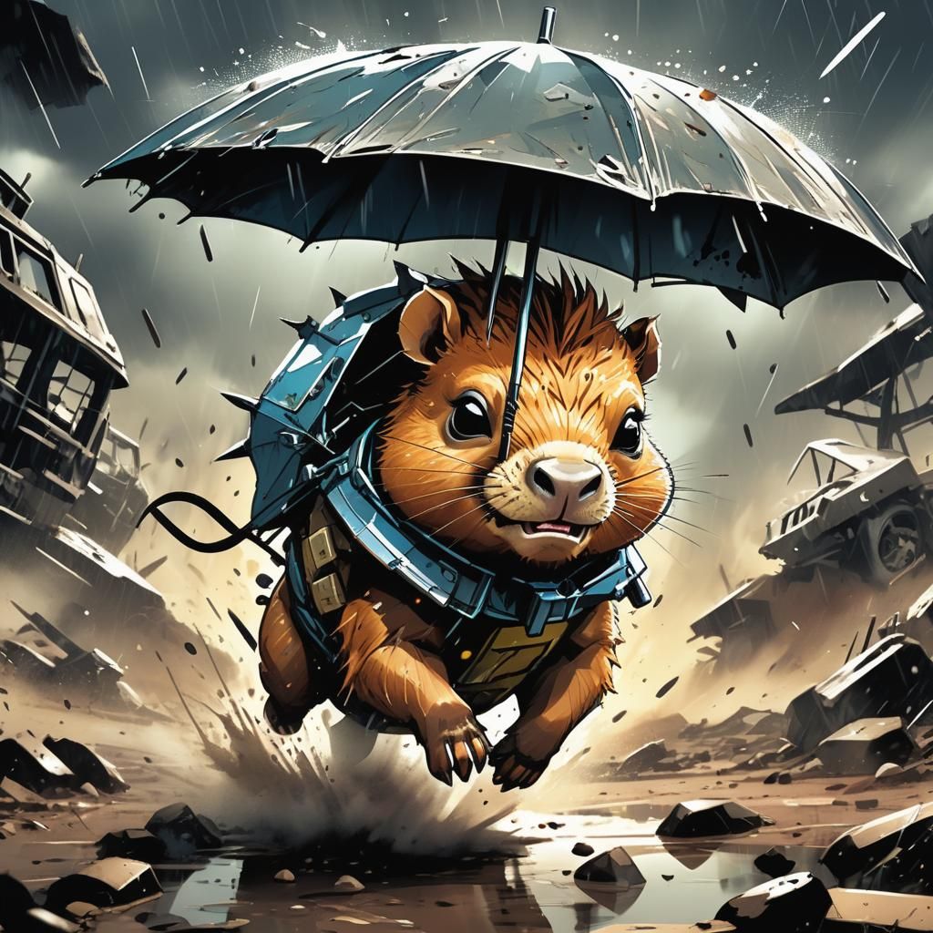 Chibi Capybara Races Umbrella Tank in Apocalyptic Wasteland