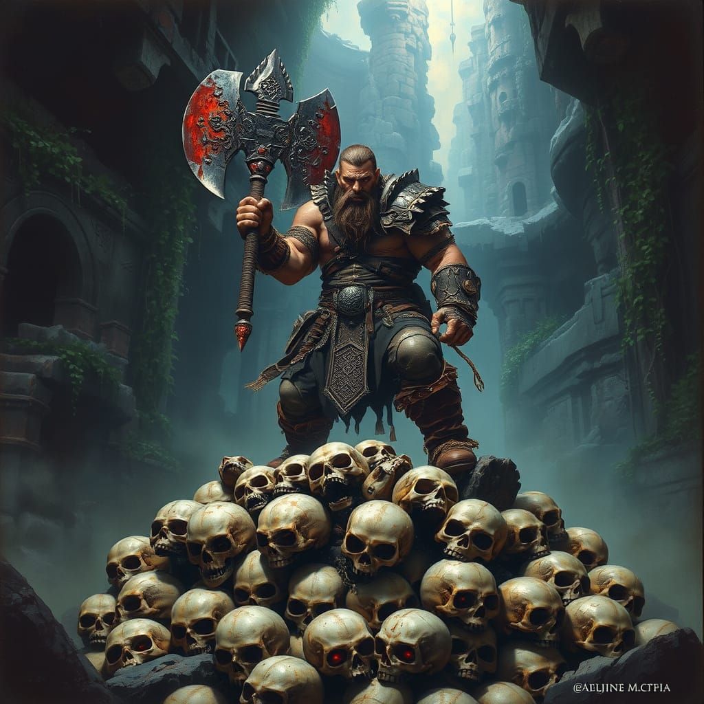 Half-Orc Barbarian in Ruined Temple, Fantasy Art